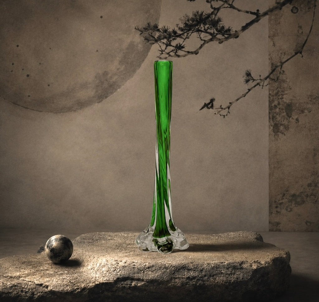 Vase Soliflore Vintage en Verre Sommerso Vert et Transparent
