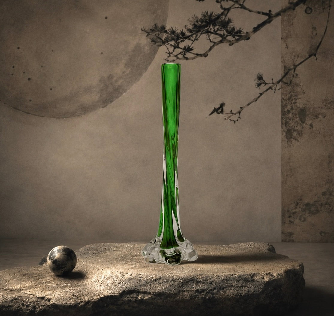 Vase Soliflore Vintage en Verre Sommerso Vert et Transparent
