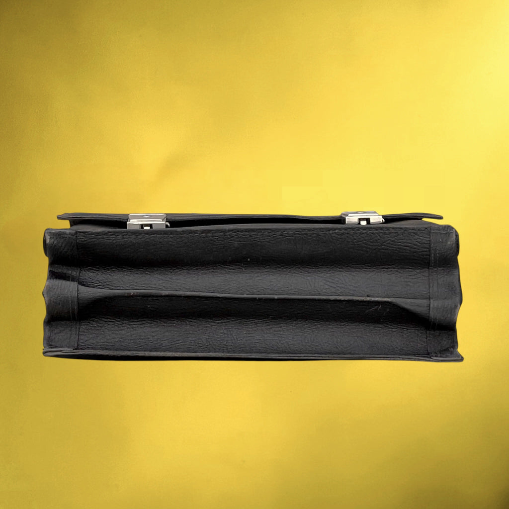 Cartable Mallette en Cuir Grainé Noir à Soufflets – Années 60