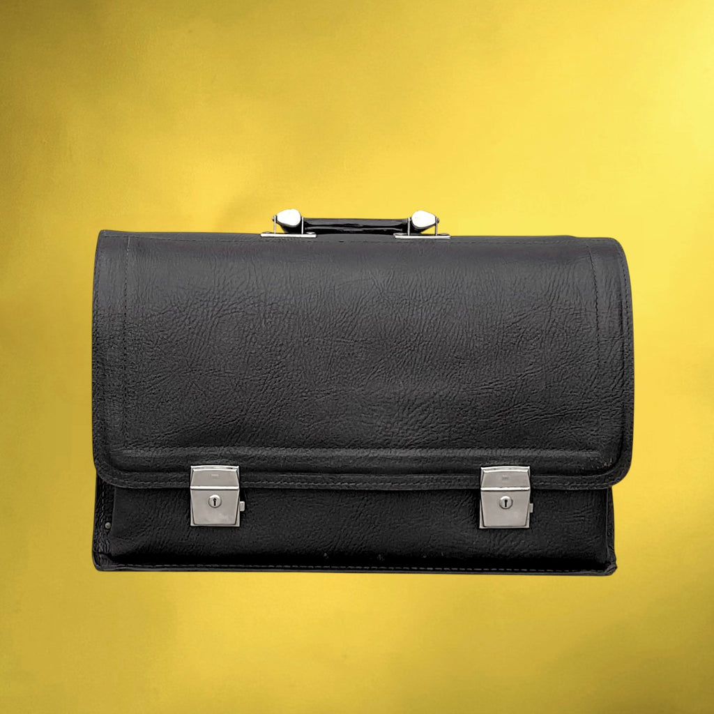 Cartable Ancien en Cuir Grainé Noir – Années 60-70