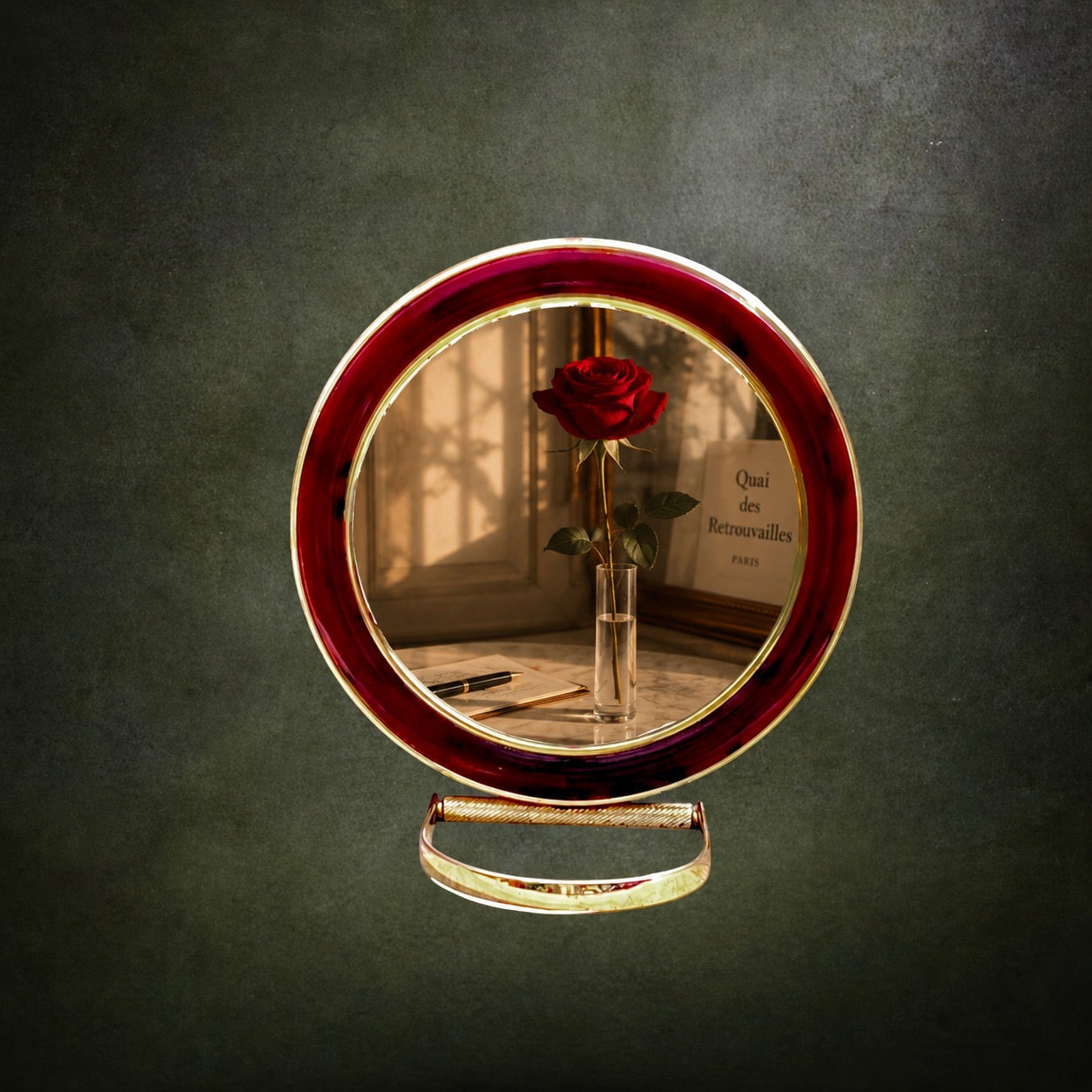 miroir-table-rond-metal-dore-resine-rouge-marbre-vintage
