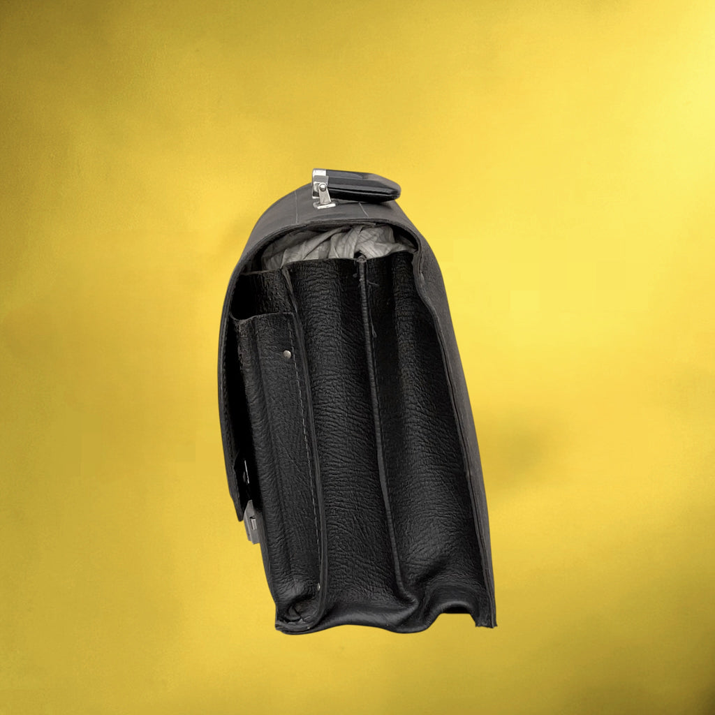 Cartable Mallette en Cuir Grainé Noir à Soufflets – Années 60