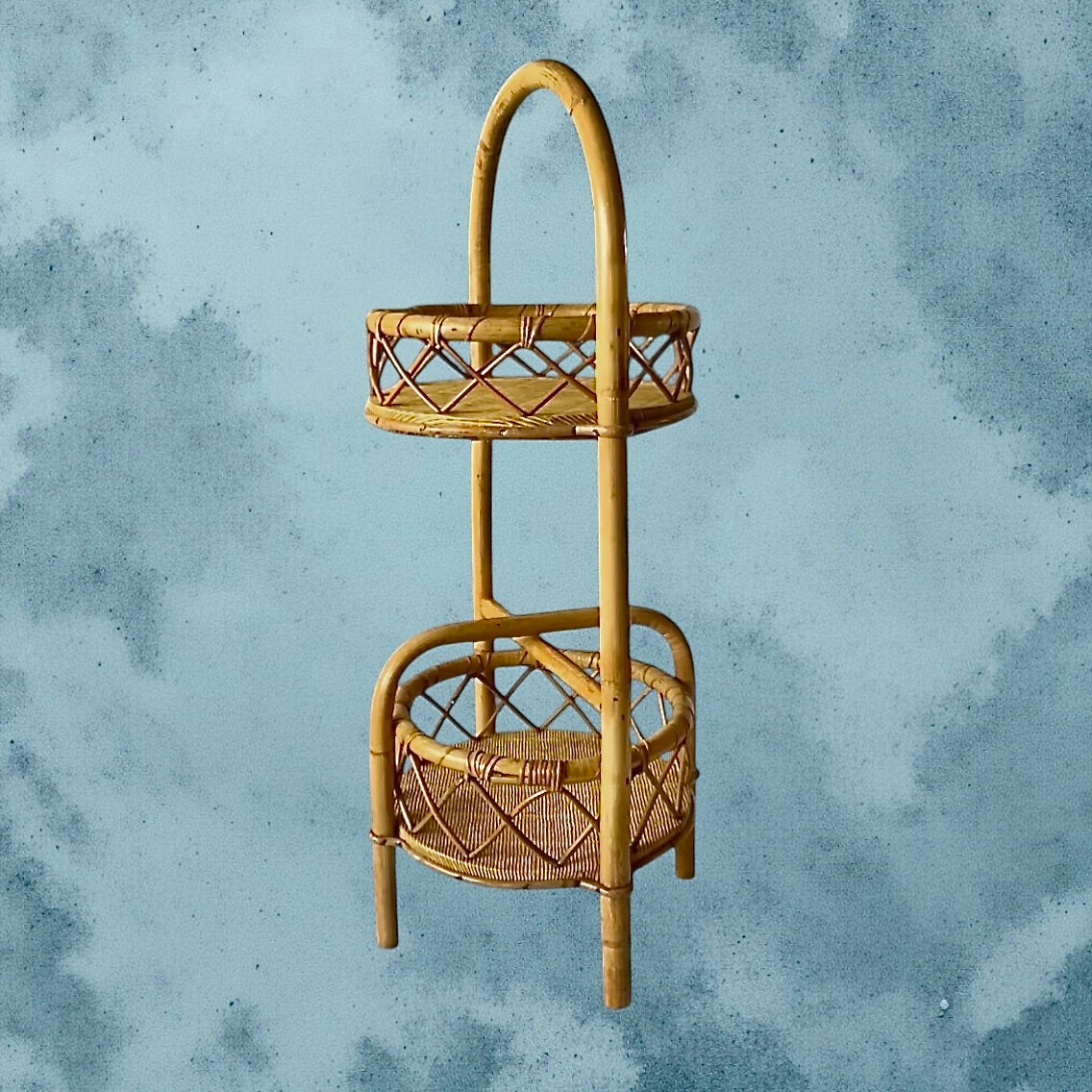 Bar portatif vintage en bambou et rotin – porte-bouteilles années 70