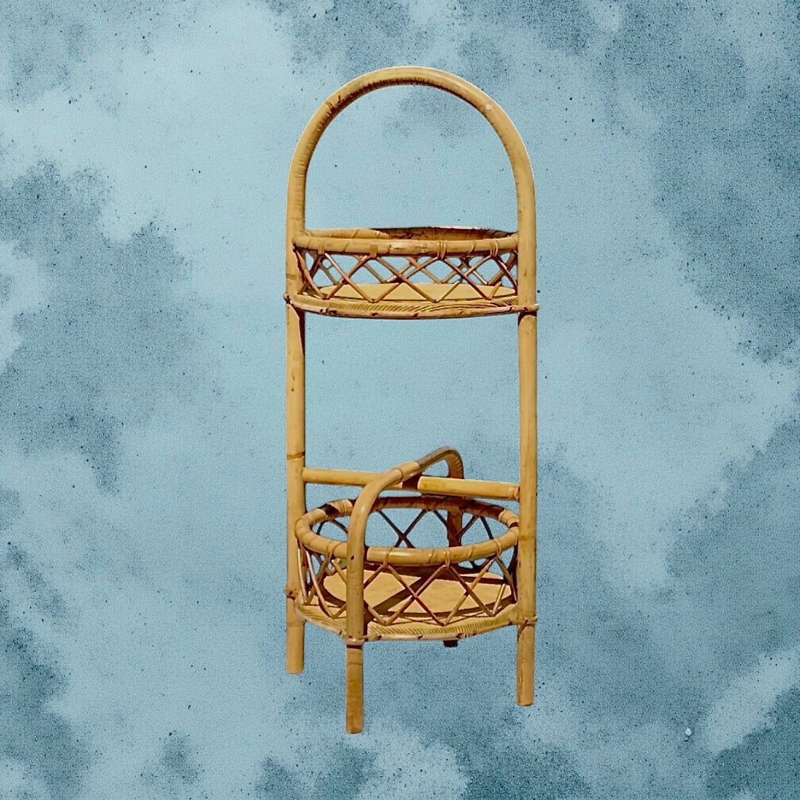 Bar portatif vintage en bambou et rotin – porte-bouteilles années 70