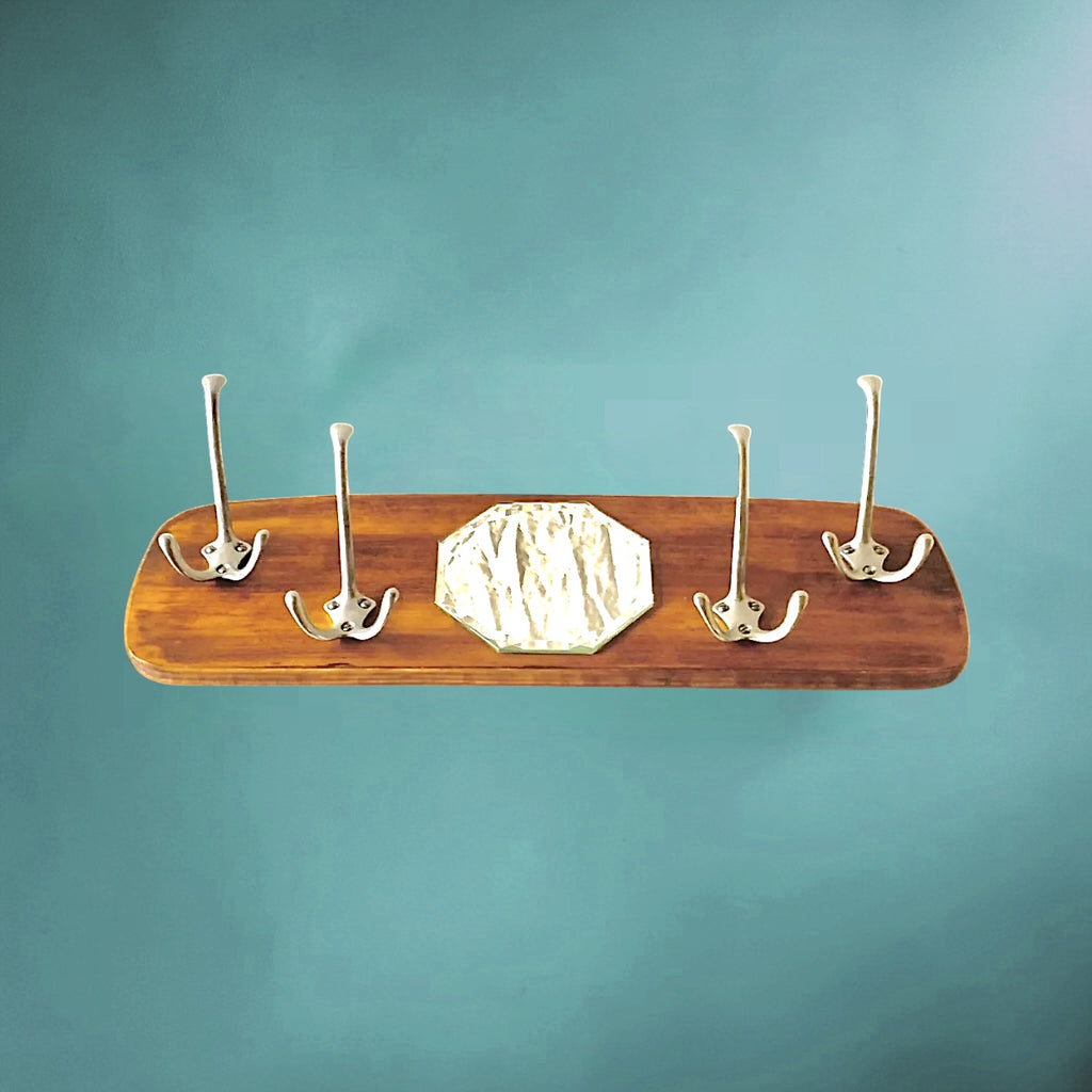 Portemanteau Mural Vintage en Bois avec Miroir Biseauté et 4 Patères - Années 50-60