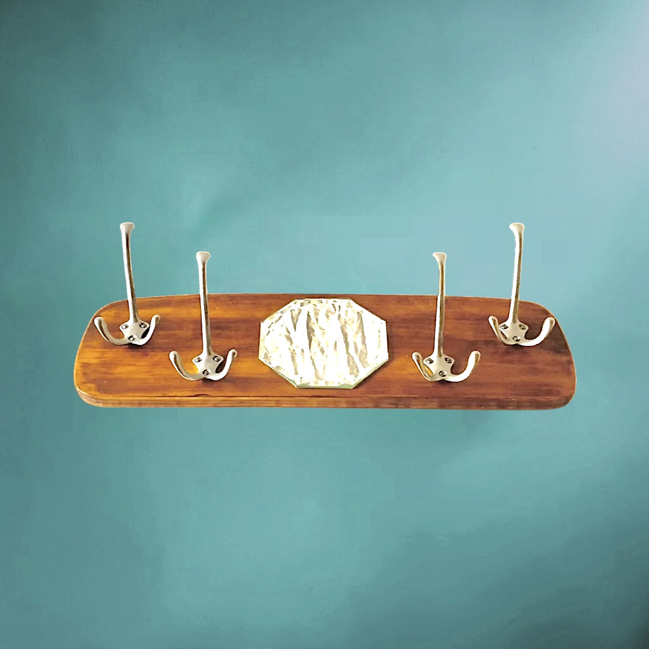 Portemanteau Mural Vintage en Bois avec Miroir Biseauté et 4 Patères - Années 50-60
