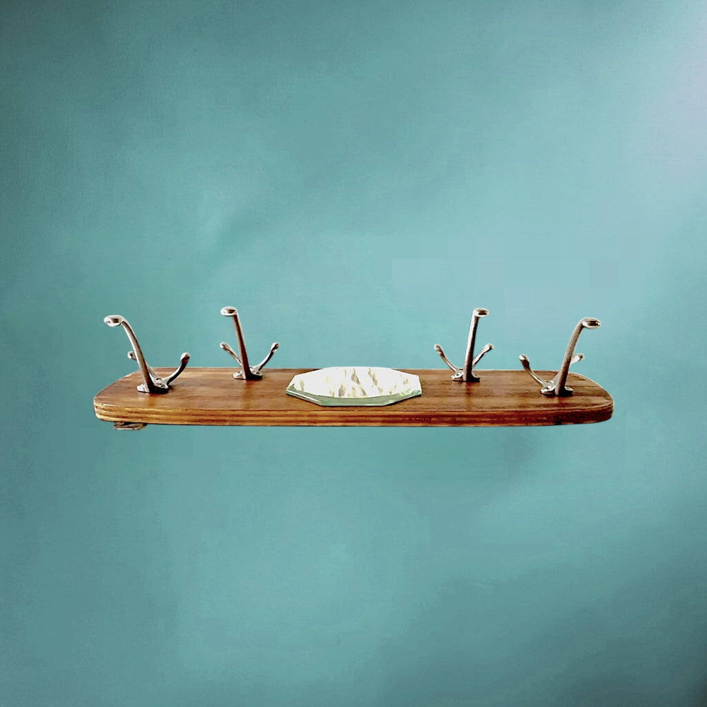 Portemanteau Mural Vintage en Bois avec Miroir Biseauté et 4 Patères - Années 50-60