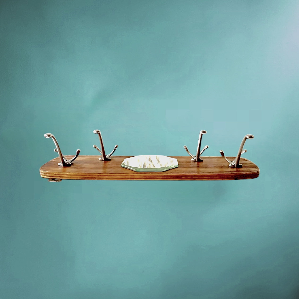 Portemanteau Mural Vintage en Bois avec Miroir Biseauté et 4 Patères - Années 50-60