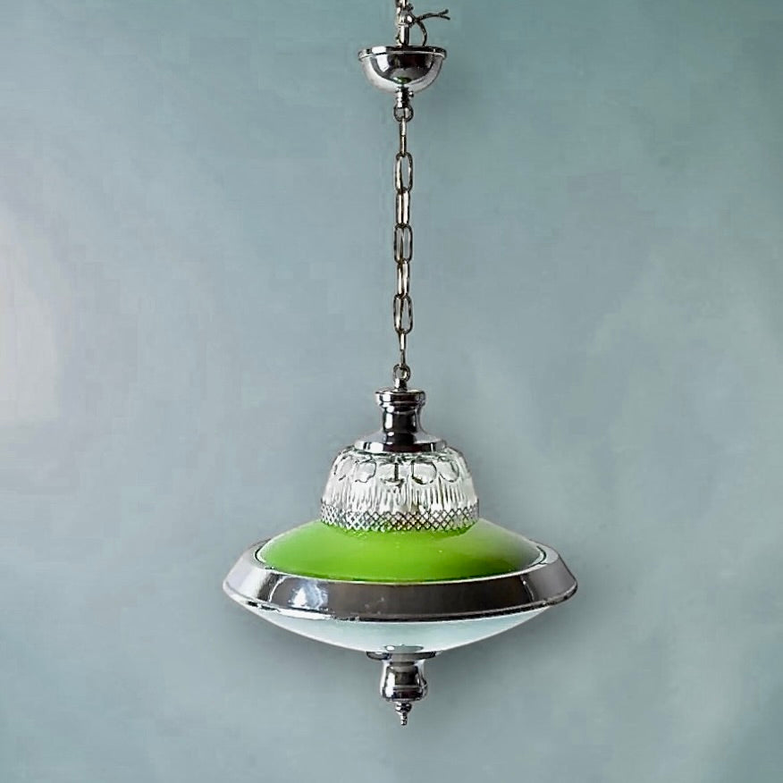 Suspension vintage en métal chromé et verre teinté vert – design Space Age – années 60