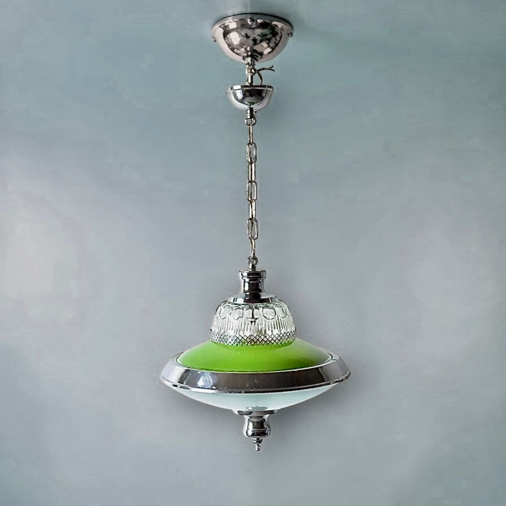 Suspension vintage en métal chromé et verre teinté vert – design Space Age – années 60
