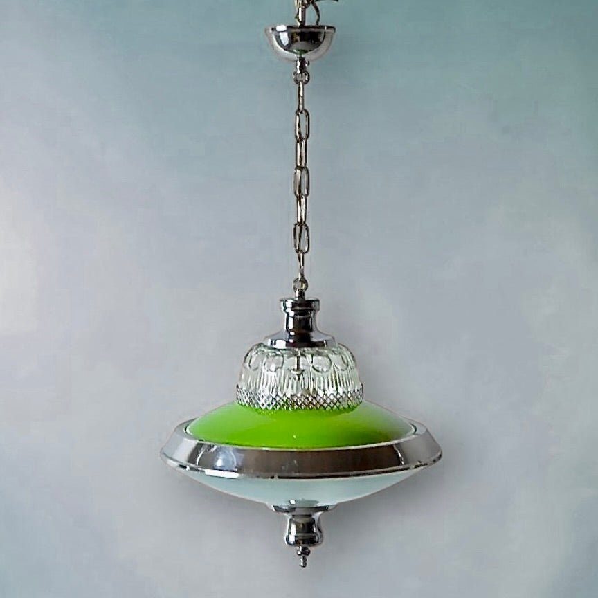 Suspension vintage en métal chromé et verre teinté vert – design Space Age – années 60