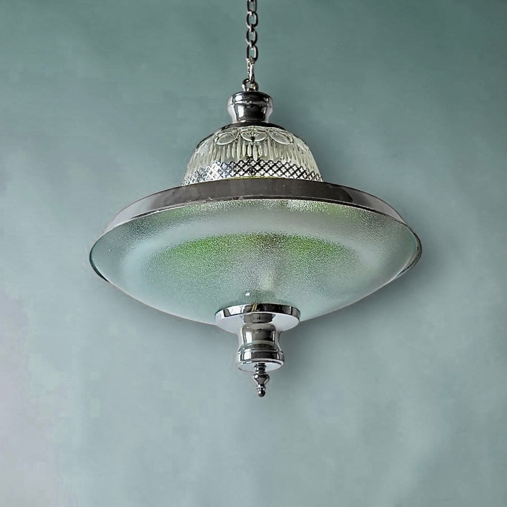 Suspension vintage en métal chromé et verre teinté vert – design Space Age – années 60