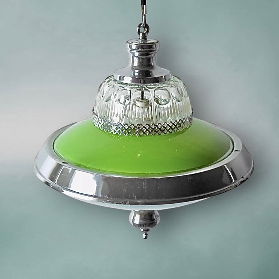 Suspension vintage en métal chromé et verre teinté vert – design Space Age – années 60