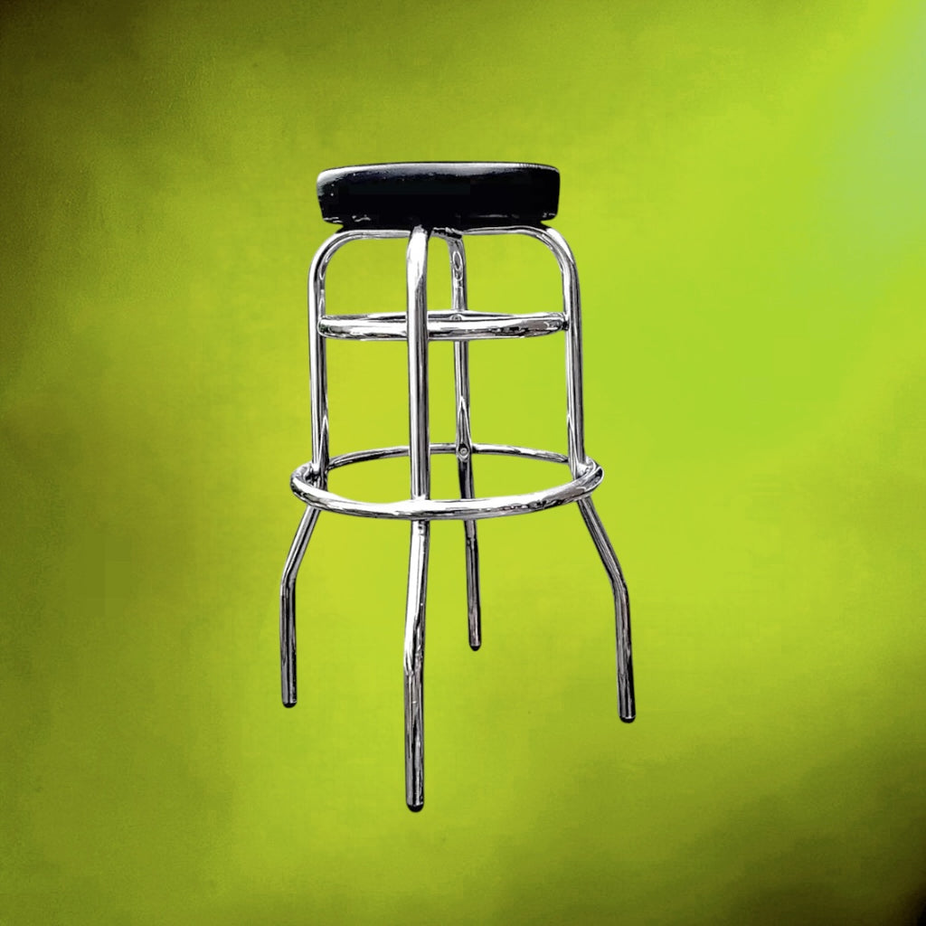 Tabouret Haut Tubulaire Chromé et Skaï Noir Style Bistrot – Années 70 80