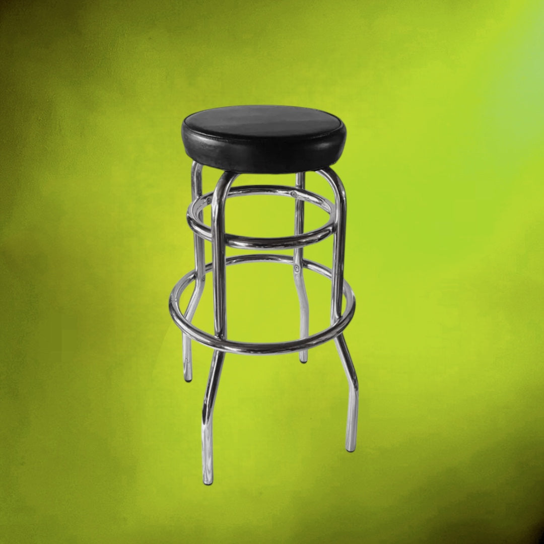 Tabouret Haut Tubulaire Chromé et Skaï Noir Style Bistrot – Années 70 80