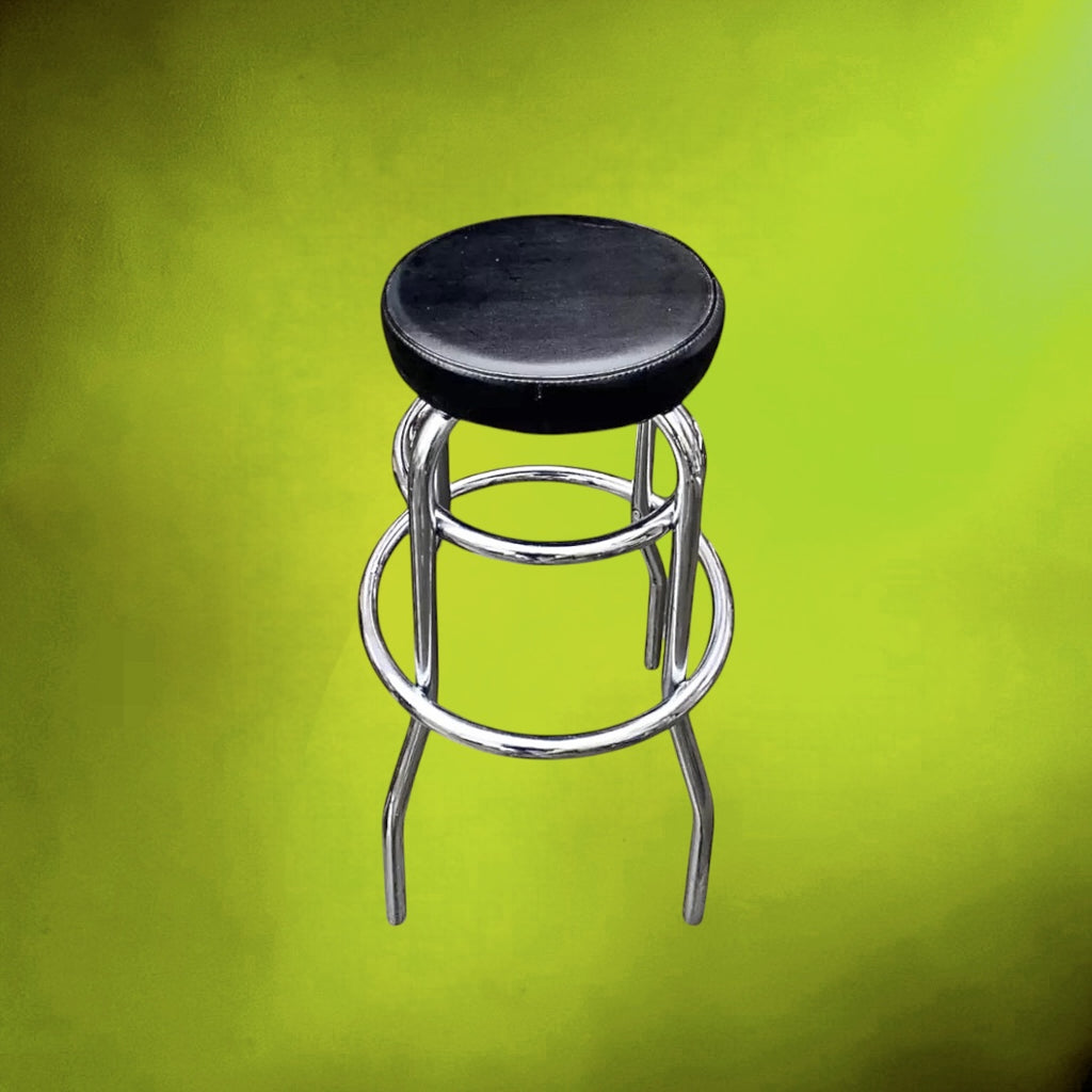 Tabouret Haut Tubulaire Chromé et Skaï Noir Style Bistrot – Années 70 80