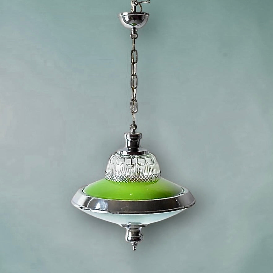 Suspension vintage en métal chromé et verre teinté vert – design Space Age – années 60
