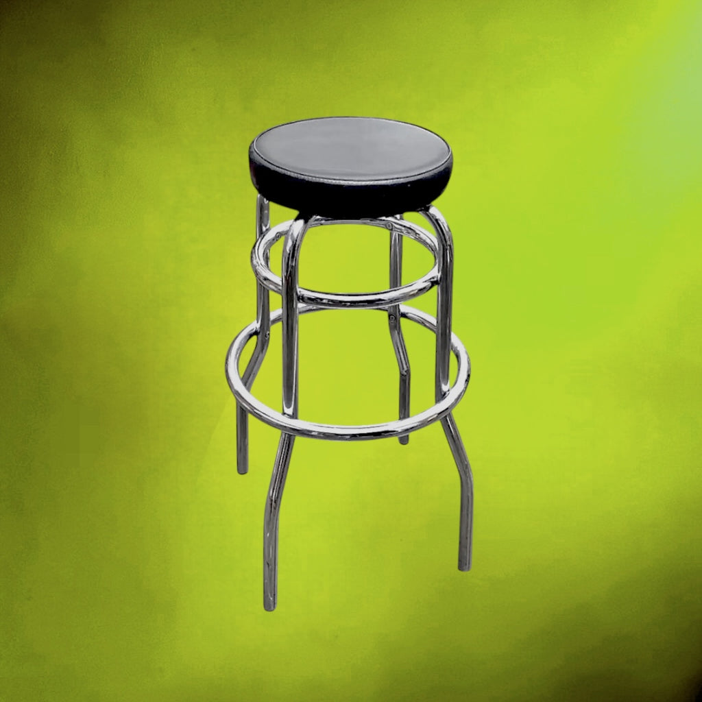 Tabouret Haut Tubulaire Chromé et Skaï Noir Style Bistrot – Années 70 80