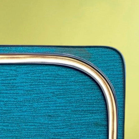 Valise vintage années 50 Skaï bleu tissu chiné bagage rétro bleu laiton doré