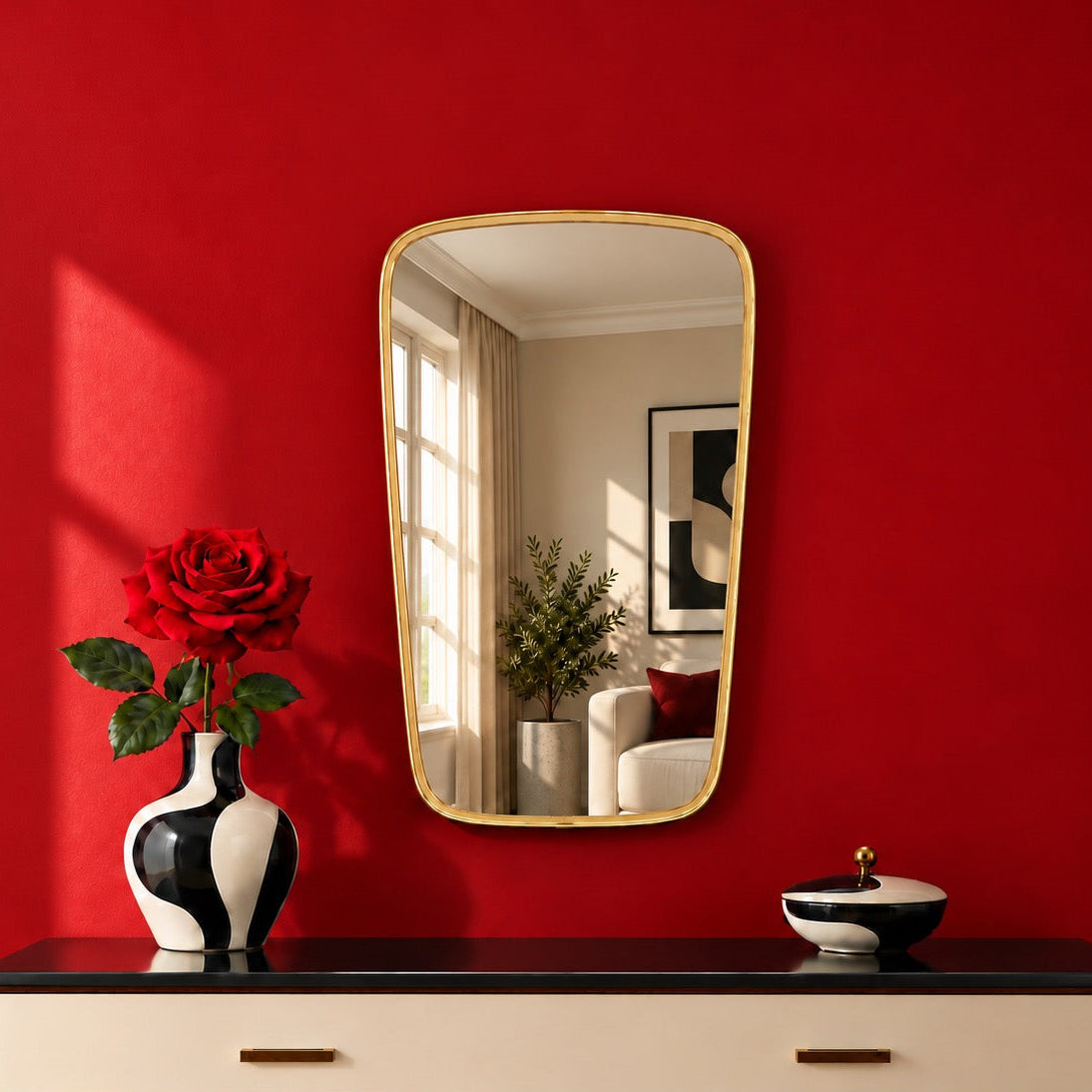 Miroir Mural Trapézoïdal en Métal Doré et Plastique Ivoire – Années 50-60