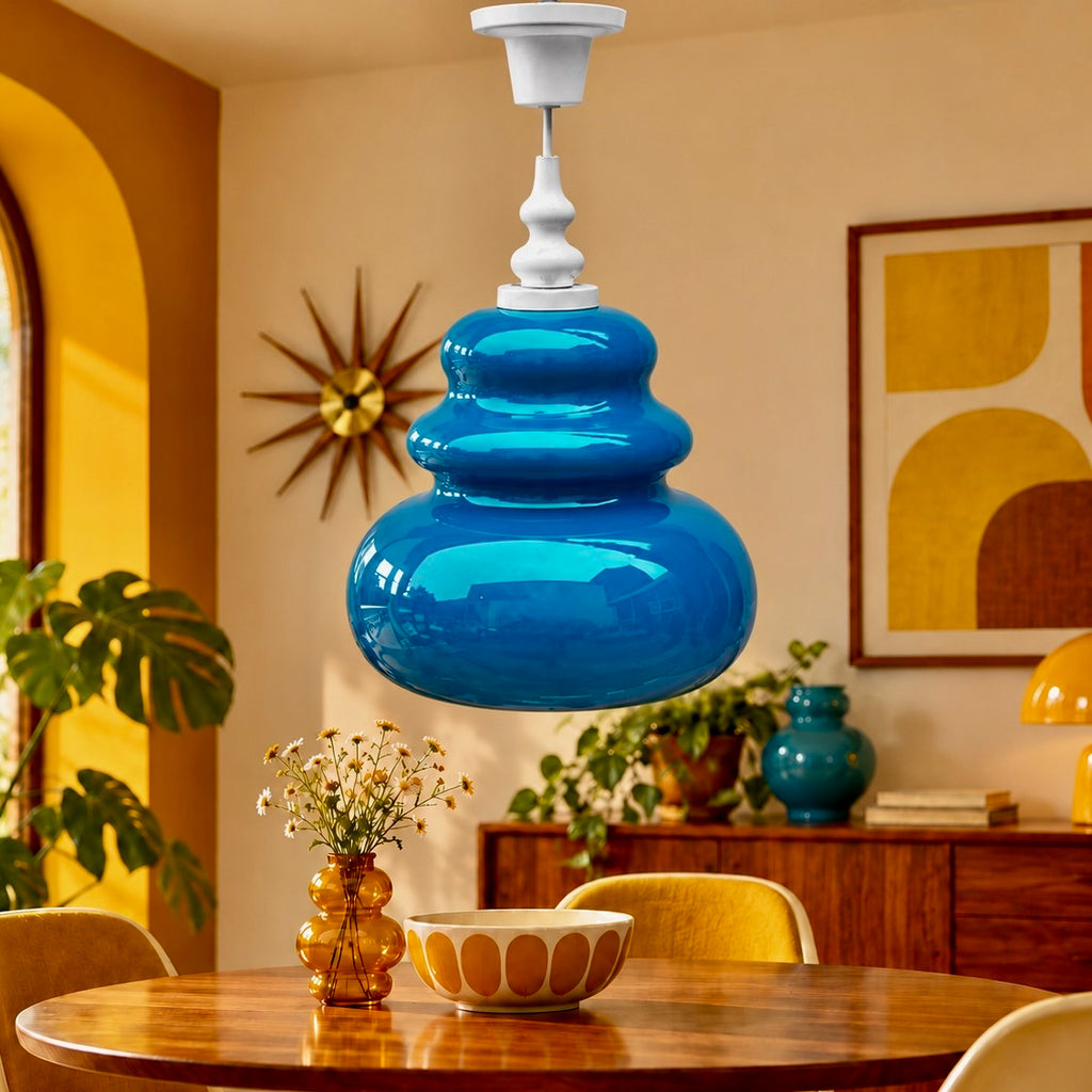 Suspension en Verre Bleu Turquoise et Bois Peint Blanc – Années 70