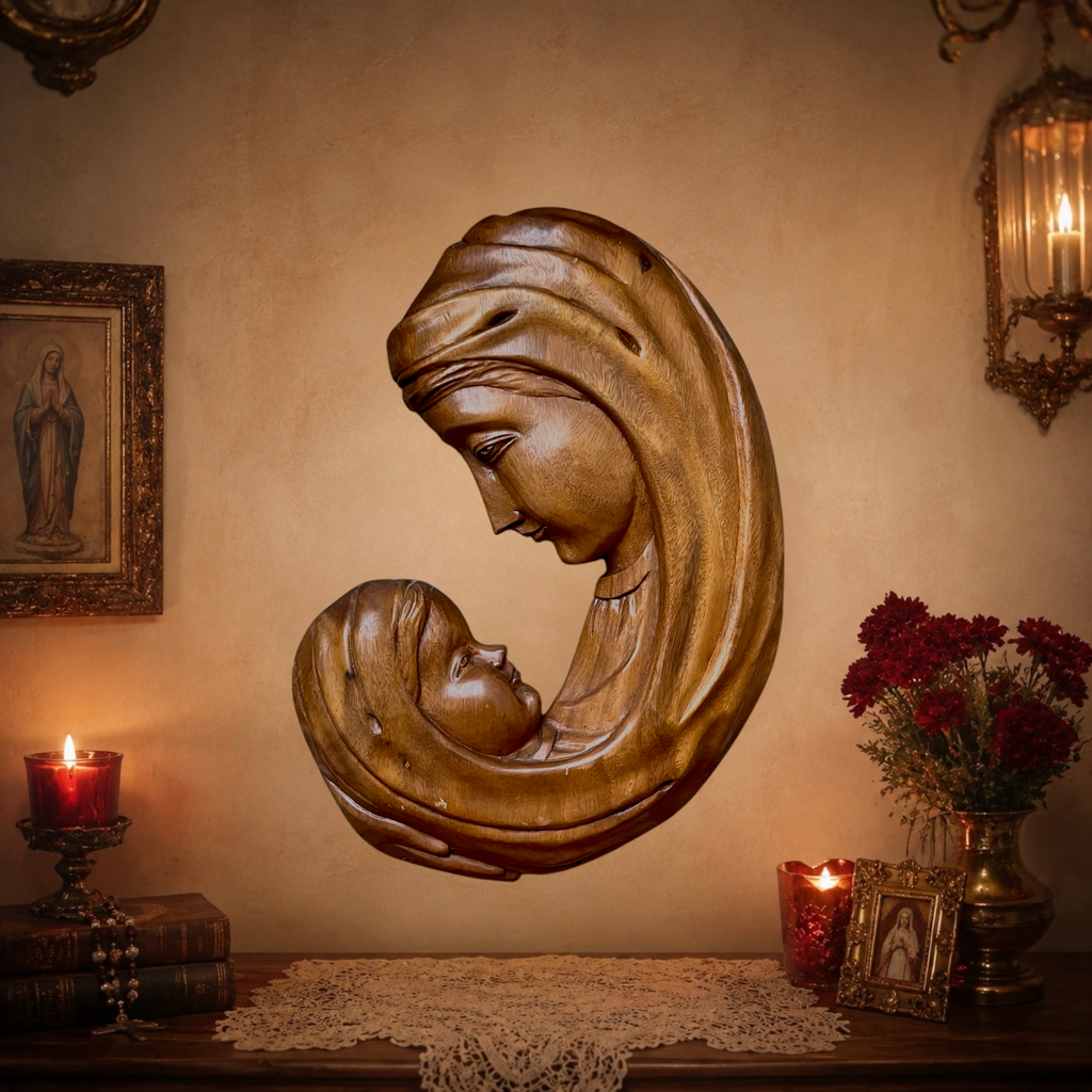 Grande Vierge à l’Enfant Murale Moderniste en Bois Sculpté – Années 1960-1970