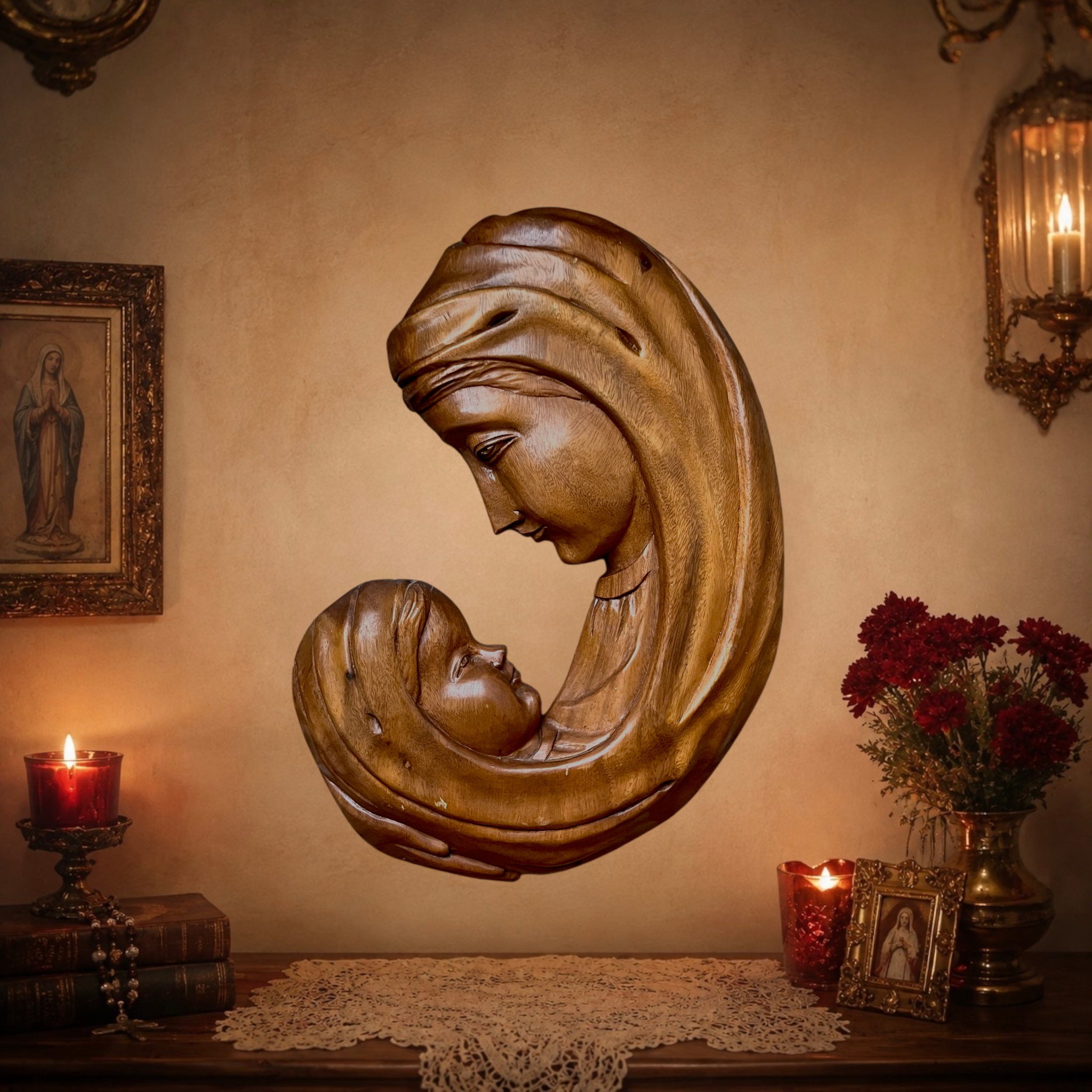 Grande Vierge à l’Enfant Murale Moderniste en Bois Sculpté – Années 1960-1970