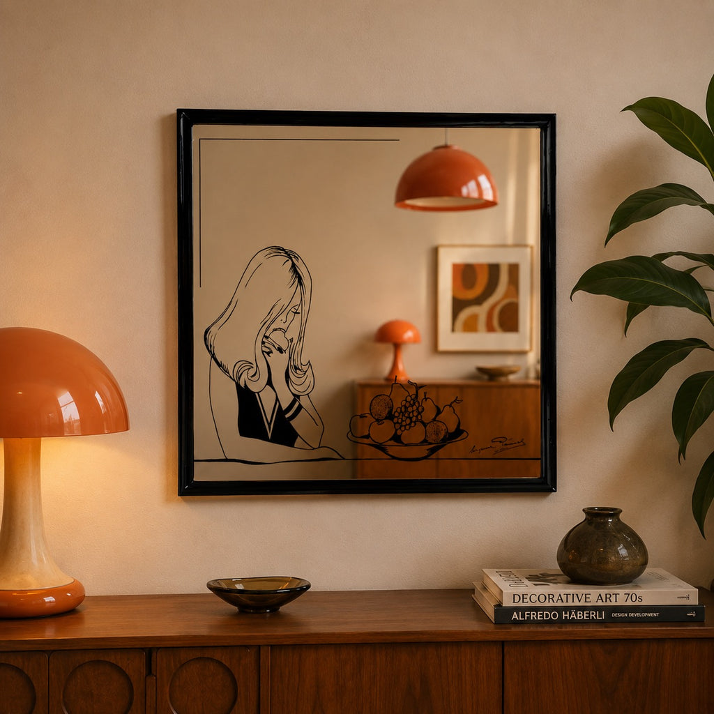 Miroir Mural Carré Suzanne Pemonel En Bois Noir Avec Sérigraphie Années 70-80