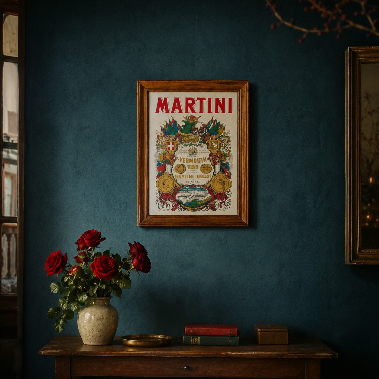 Miroir Publicitaire Martini Rossi Vermouth Encadrement Bois– Années 70