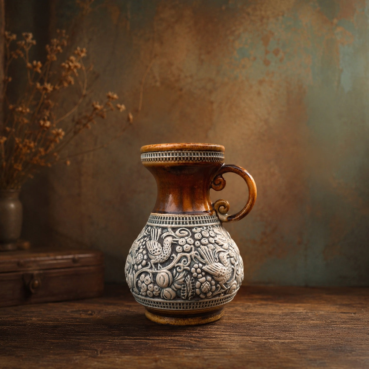Vase Pichet Dümler & Breiden 2/20 en Céramique à Décor d’Oiseaux en Relief – Années 60-70