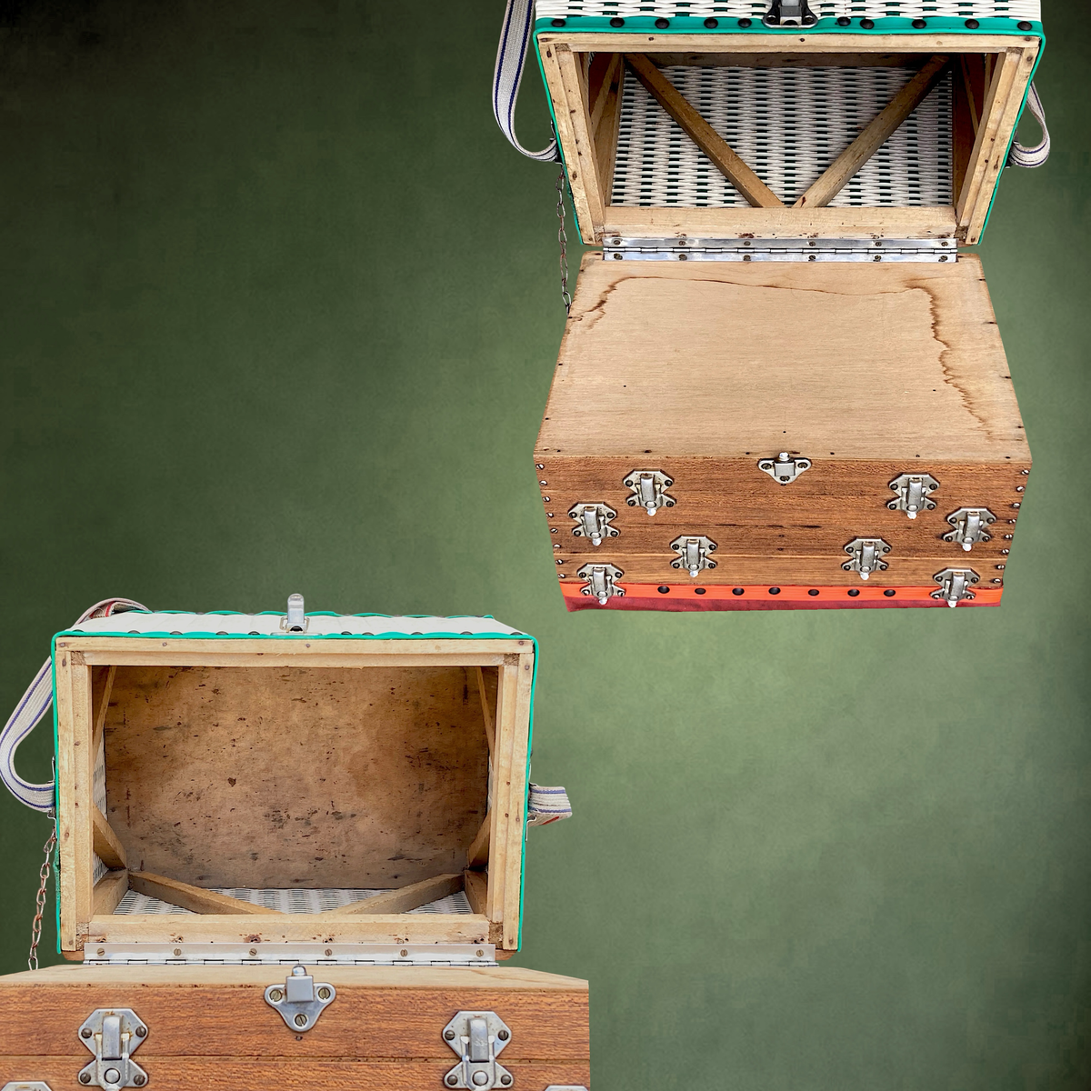 Panier-Siège de Pêche en Bois avec Matériel Ancien Complet – Années 50-60