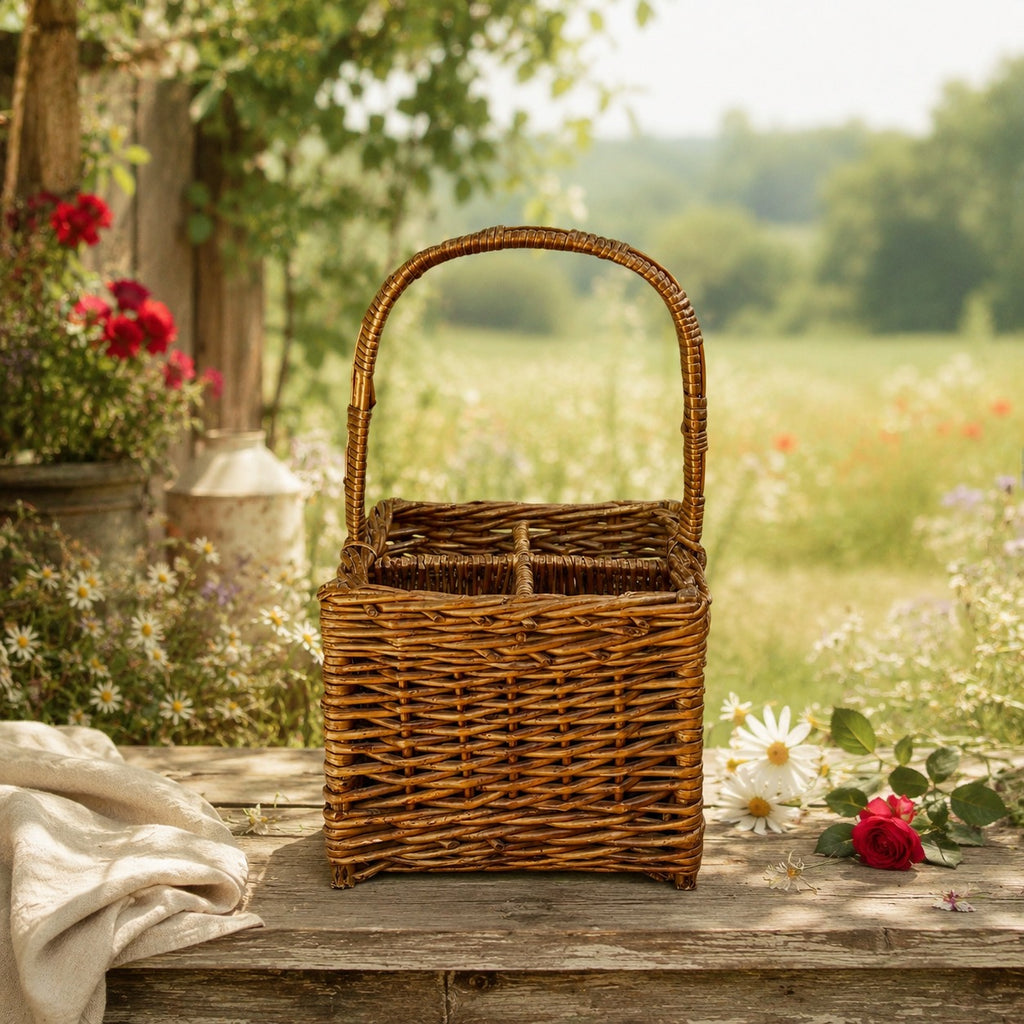 Ancien panier porte-bouteilles en osier tressé à quatre compartiments
