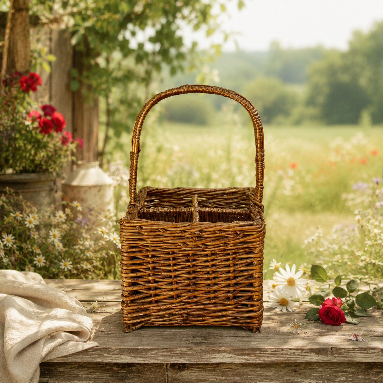 Ancien panier porte-bouteilles en osier tressé à quatre compartiments
