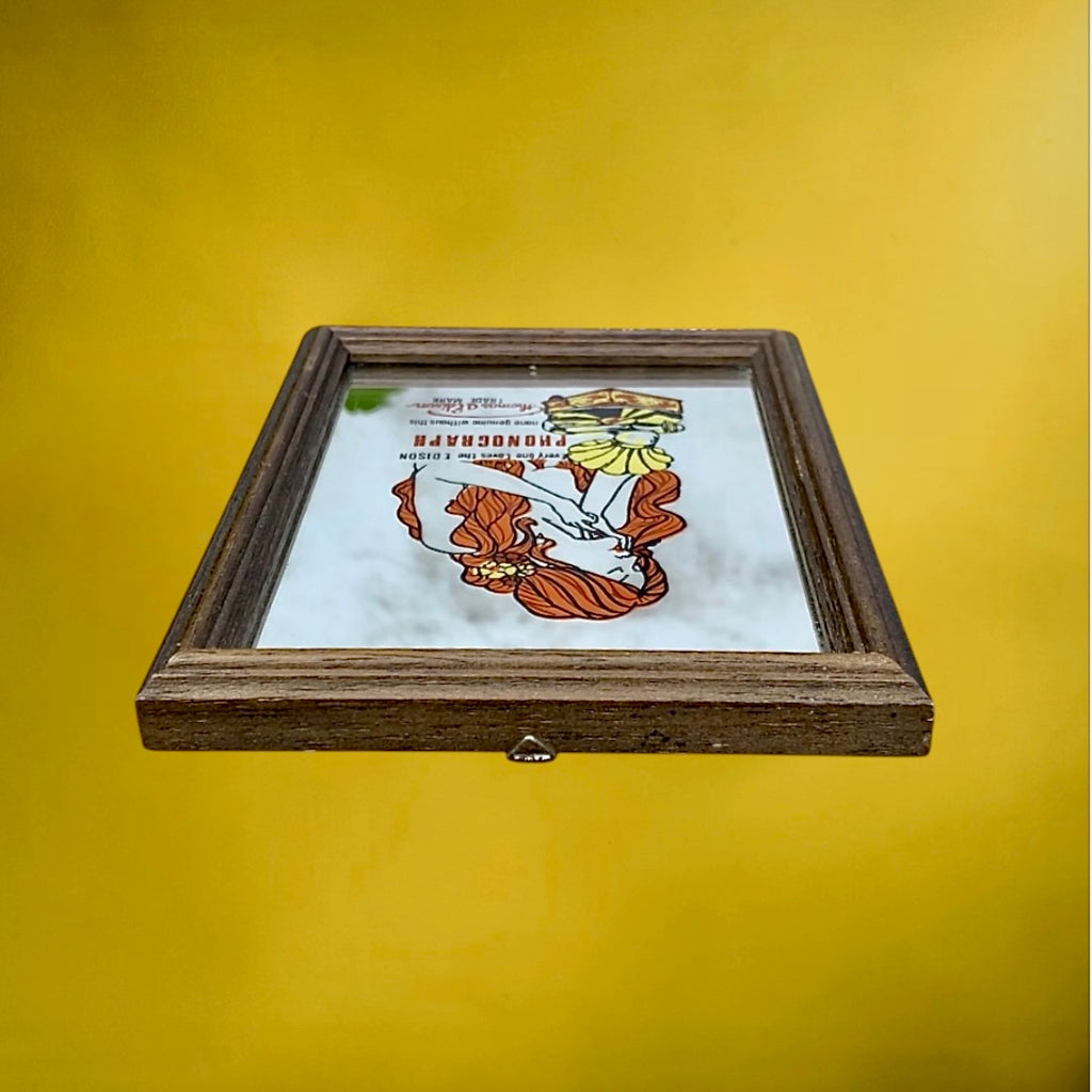 Petit Miroir Mural Publicitaire Edison Phonograph Cadre Bois - Années 60