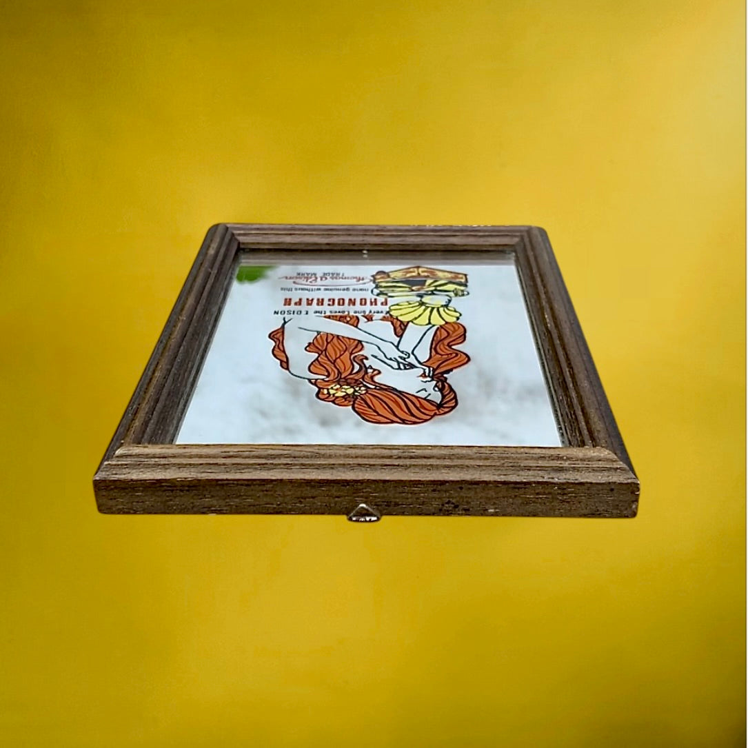 Petit Miroir Mural Publicitaire Edison Phonograph Cadre Bois - Années 60