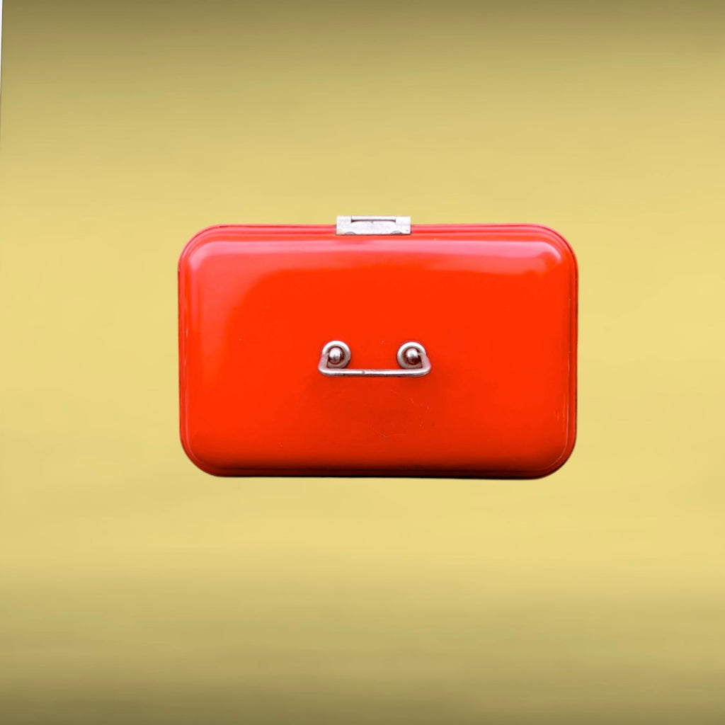 Petit coffre métallique vintage rouge orangé mallette métal années 60