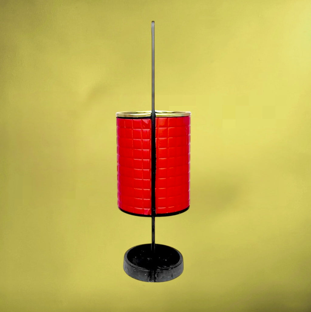 Porte-Parapluie  Métal Noir Skaï Rouge Quadrillé Poignée Torsadée Années 70