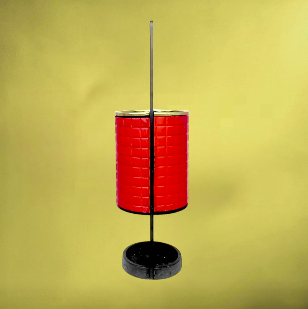 Porte-Parapluie  Métal Noir Skaï Rouge Quadrillé Poignée Torsadée Années 70