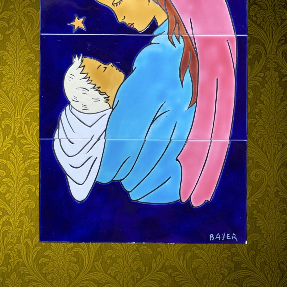 Plaque Murale en Céramique Peinte Vierge à l’Enfant Signée Bayer - Belgique - Années 60