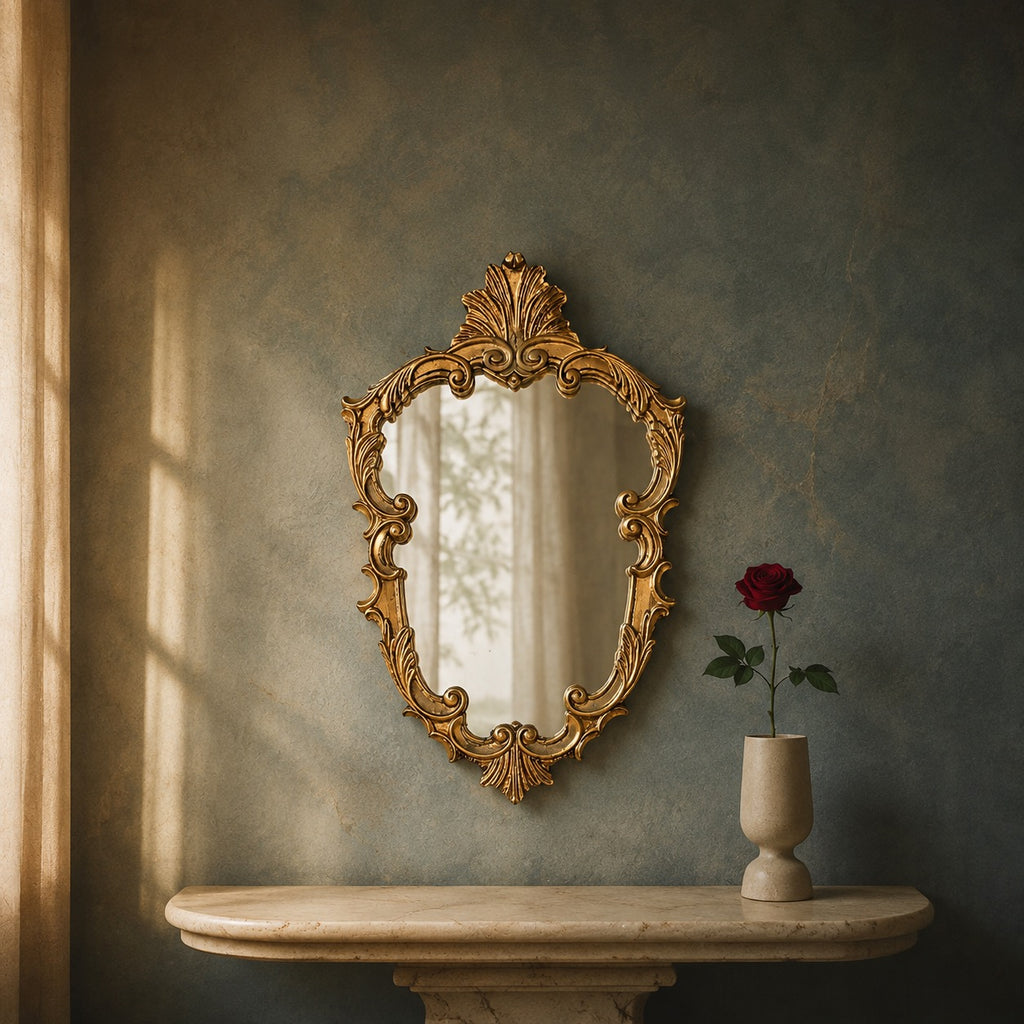 Ancien Miroir Mural en Plâtre Doré de Style Rococo – Déposé VDE – Milieu du XXe siècle