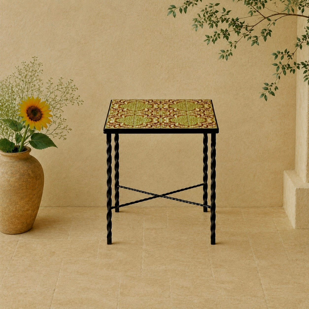 Table d’Appoint en Fer Forgé et Céramique – Années 1960-1970