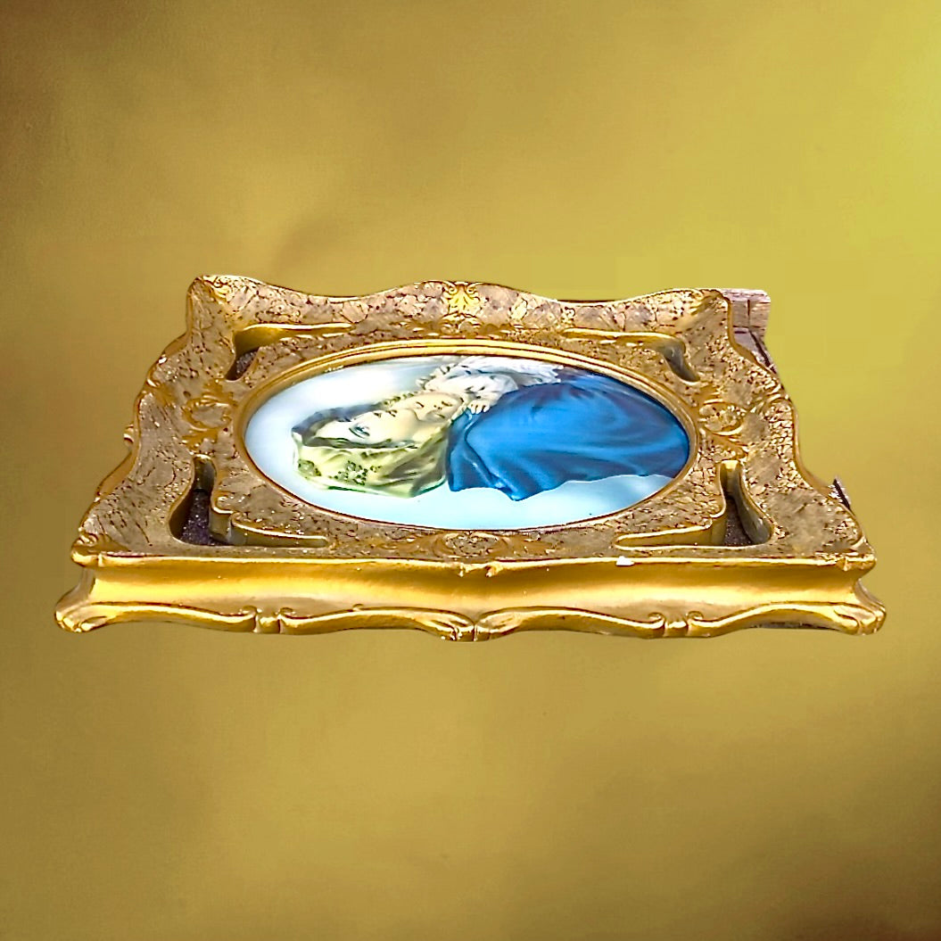 Cadre lumineux religieux vintage Vierge à l’Enfant – verre bombé et plâtre doré – années 1950