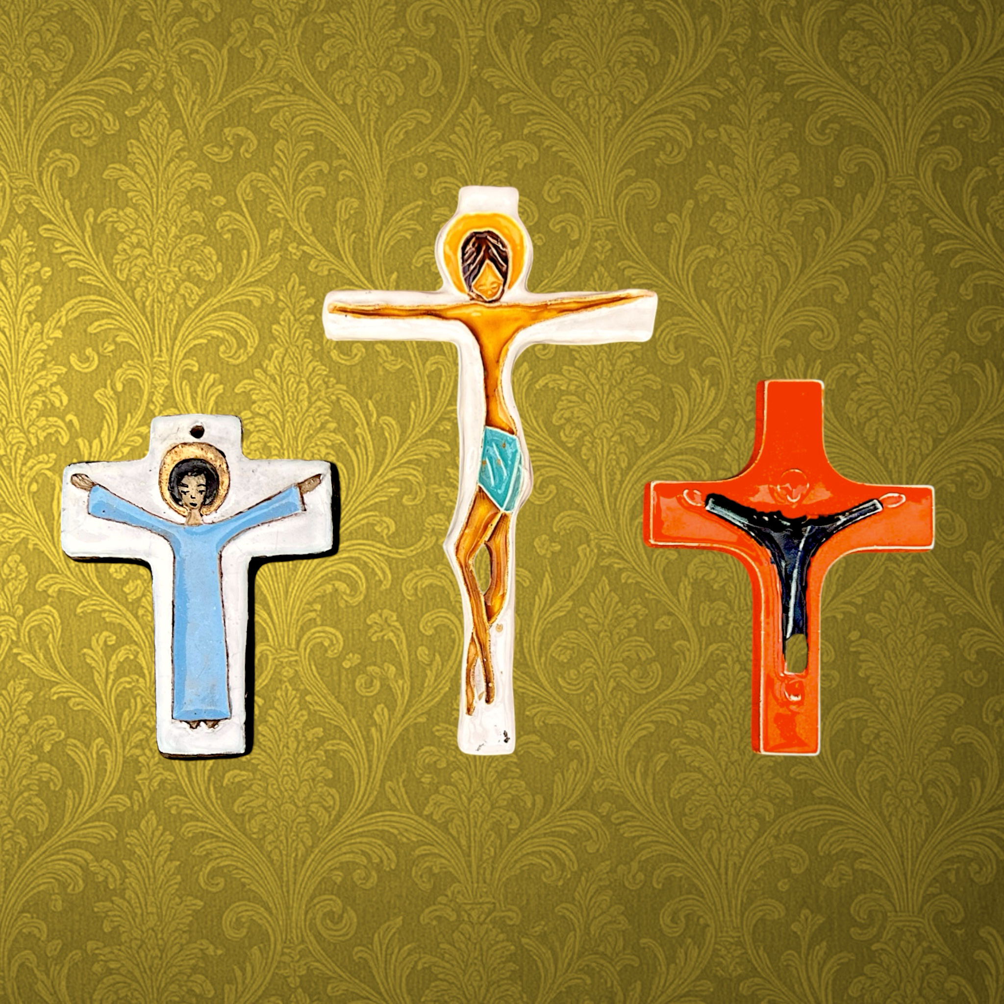 Trio de Croix Murales en Céramique Émaillée – Années 1960-1970