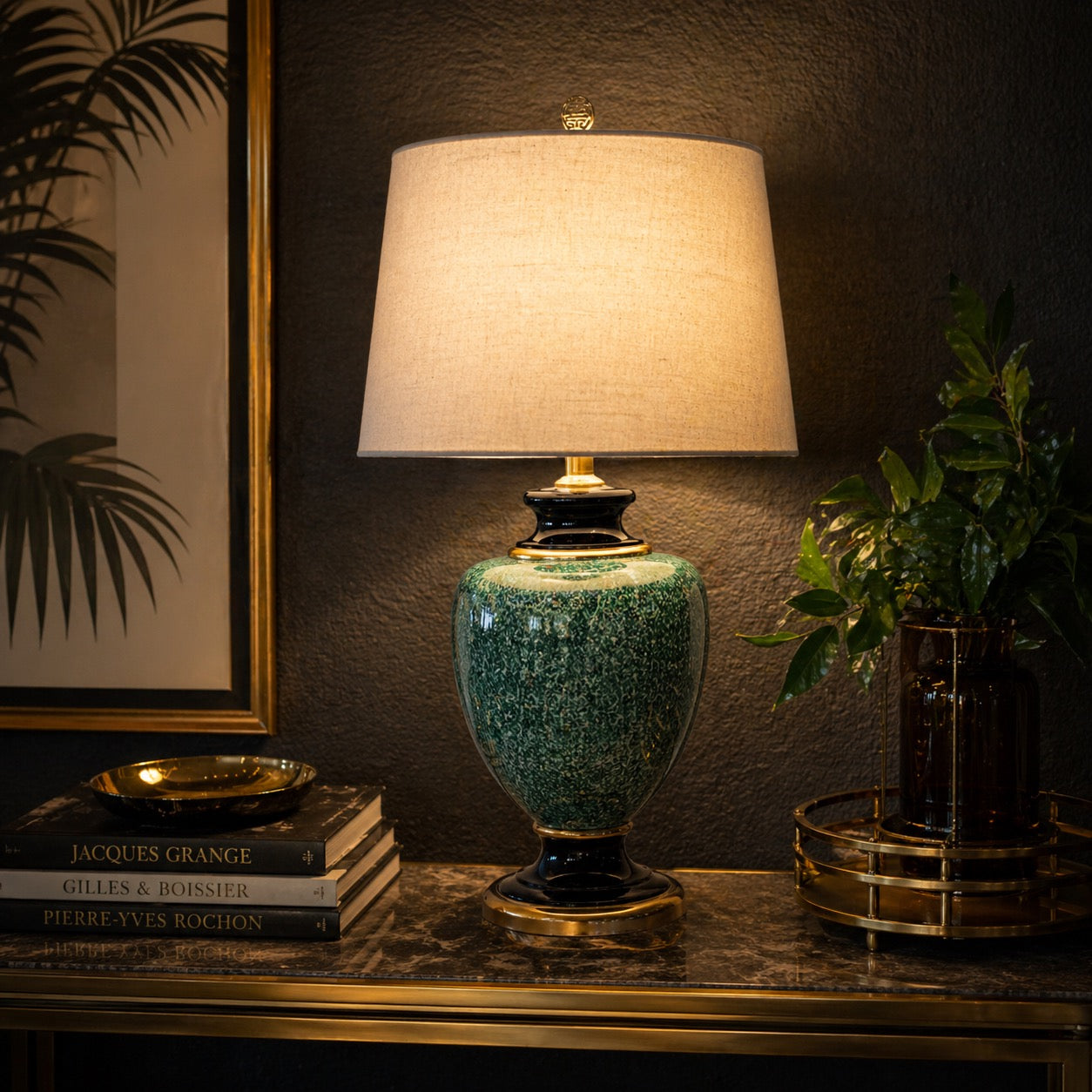 Pied de Lampe  en Céramique Verte Mouchetée Noire et Dorée Années 70 Style Hollywood Regency