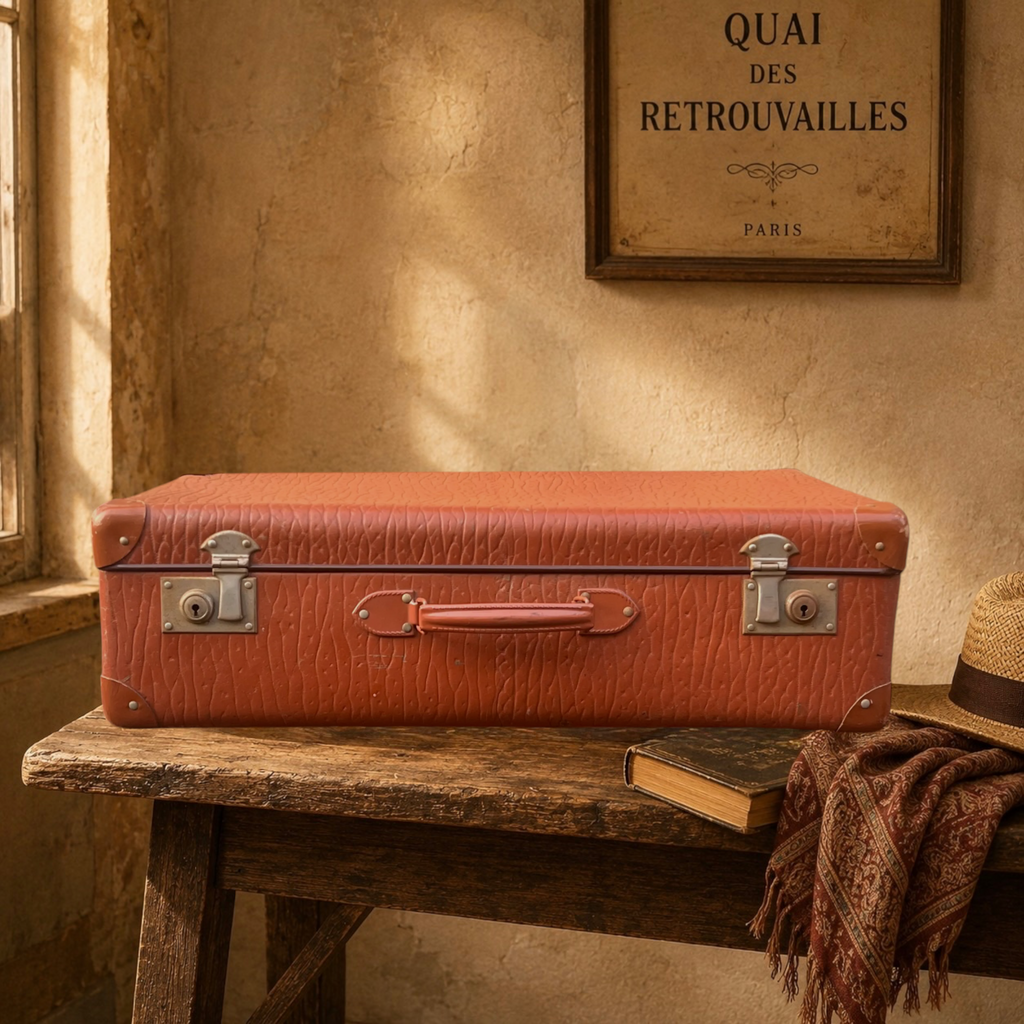 Ancienne Grande Valise Marron Fauve à Revêtement Grainé – Années 1950-1960