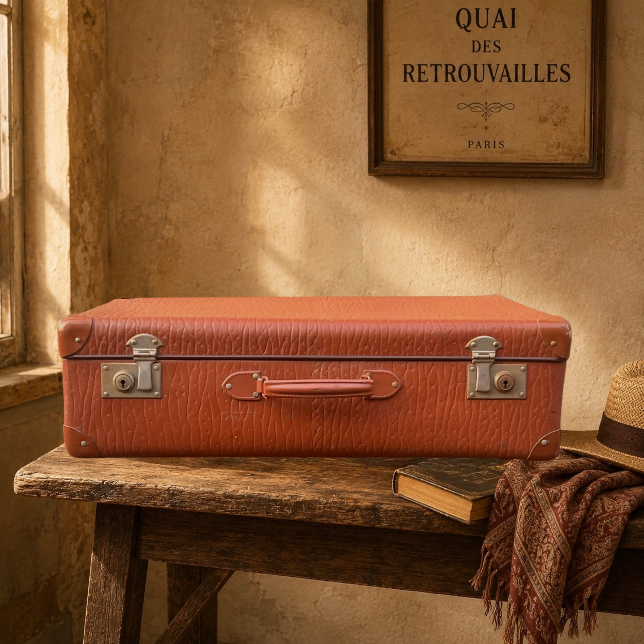 Ancienne Grande Valise Marron Fauve à Revêtement Grainé – Années 1950-1960