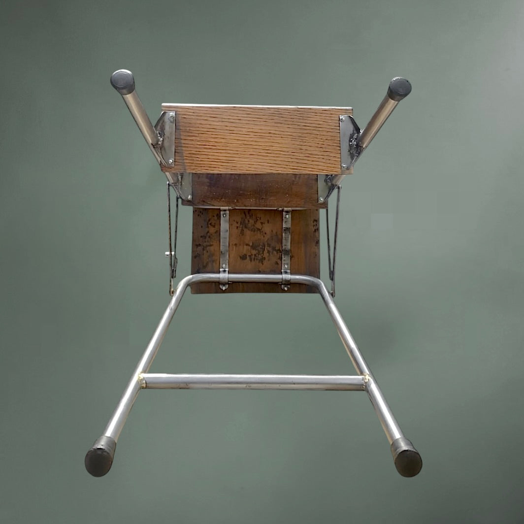 Escabeau pliant ancien en métal et bois peint bleu Années 60 70