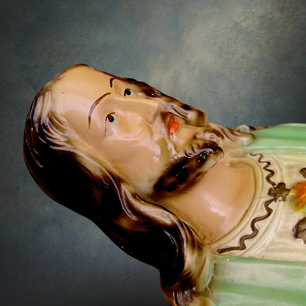 Buste Sacré-Cœur De Jésus en Plâtre Polychrome Vernissé – Années 50