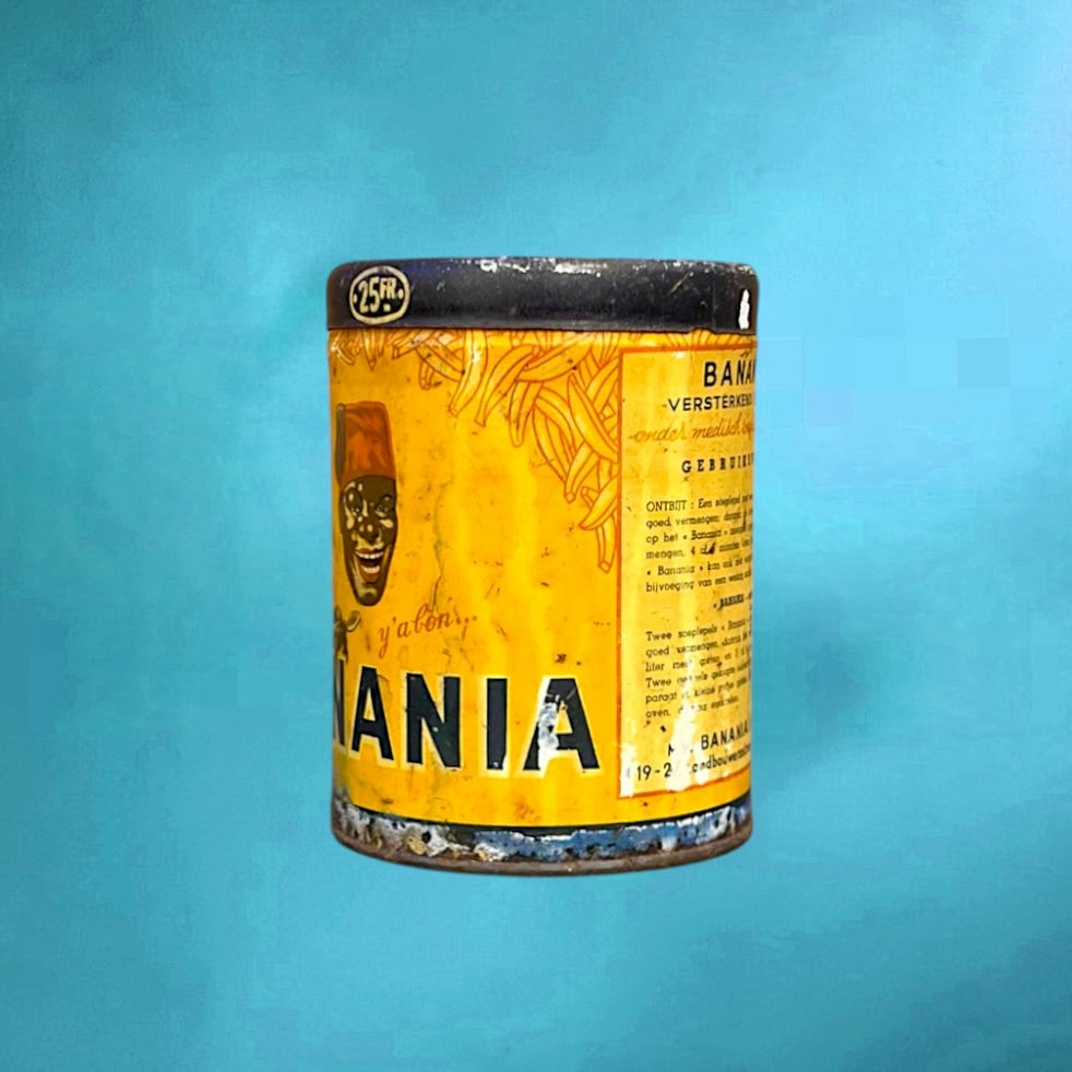 Boîte Banania vintage Bruxelles bilingue tôle lithographiée années 40 publicité ancienne collectible tin retro kitchen decor