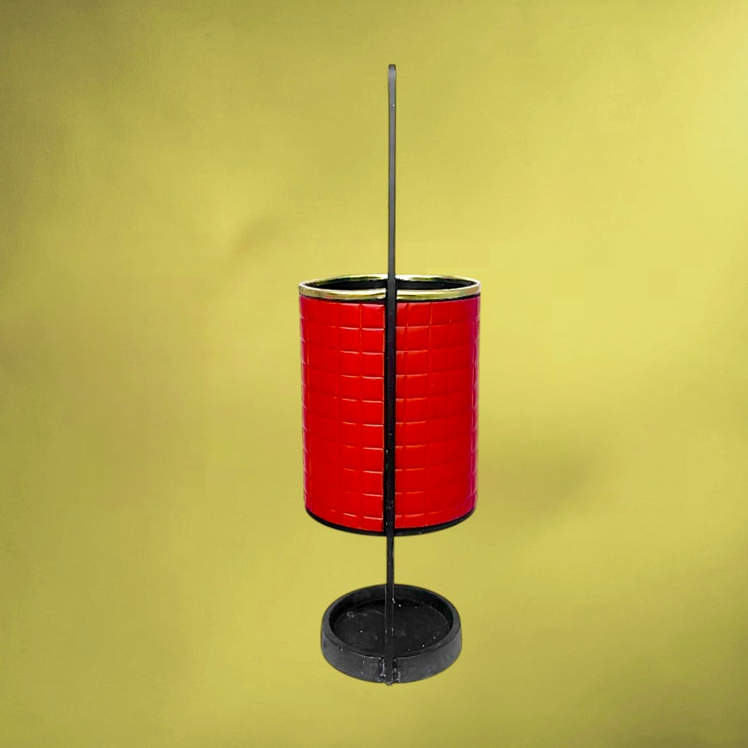 Porte-Parapluie  Métal Noir Skaï Rouge Quadrillé Poignée Torsadée Années 70
